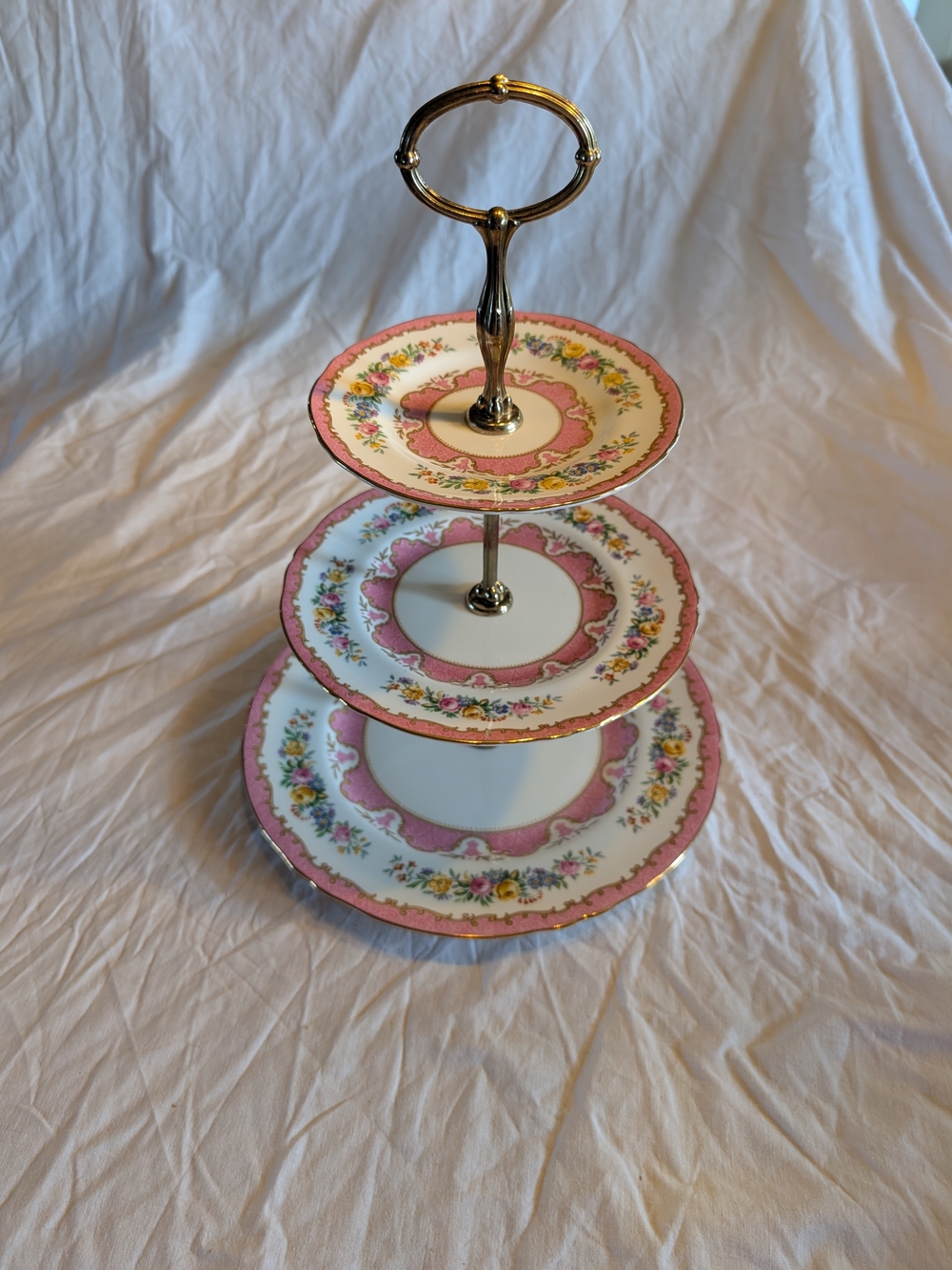 2/120$ Three-Tier Pink Floral Porcelain Dessert Stand with Gold Accents